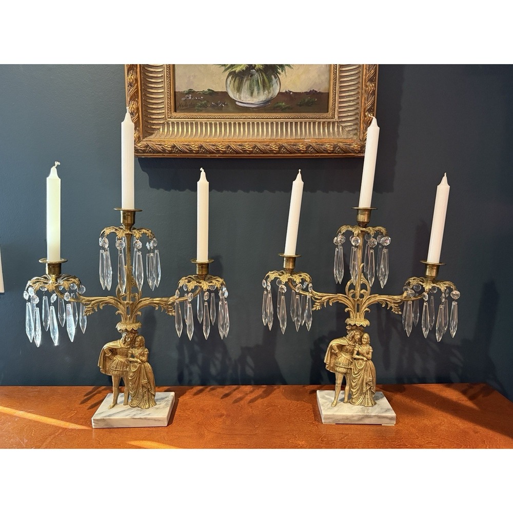 2 Antique Victorian Girandole Candelabra Marble Brass Crystal Courting Couple